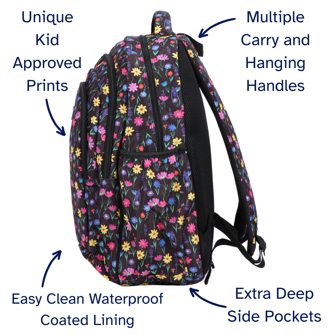 Backpack with floral pattern and features highlighted on a white background