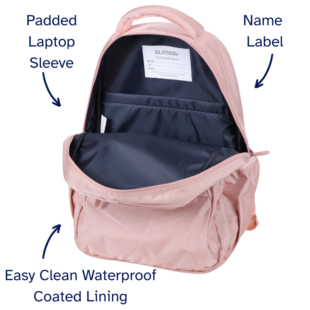 Pink backpack with labeled features on a white background
