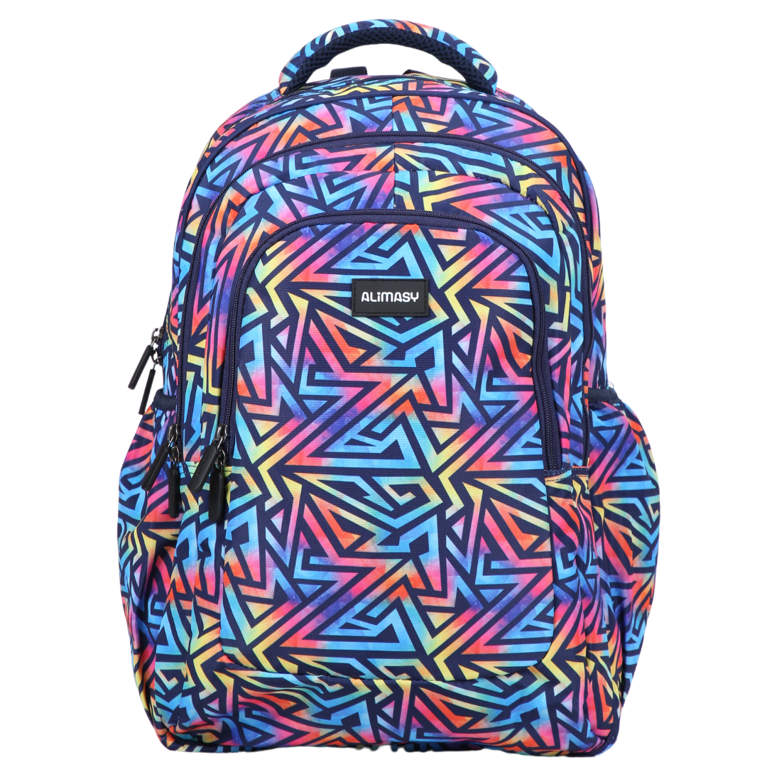A large school backpack with a multicolored abstract geometric pattern, featuring multiple compartments, a padded laptop pocket, and an ergonomic design.