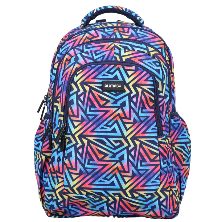 A large school backpack with a multicolored abstract geometric pattern, featuring multiple compartments, a padded laptop pocket, and an ergonomic design.