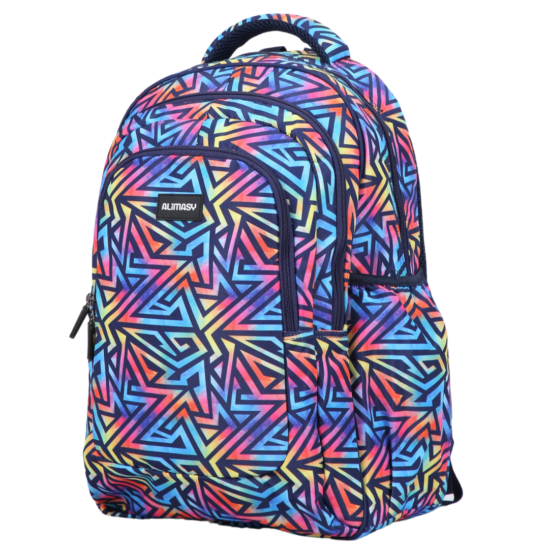 Angled view of Abstract Geometric Large School Backpack. Lightweight yet strong with YKK zips