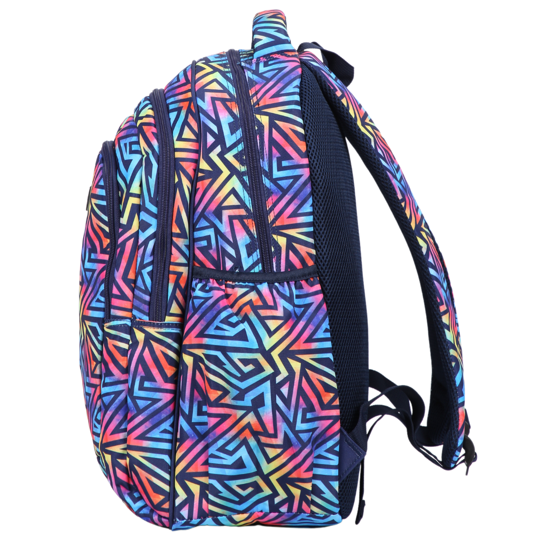 Side view of Abstract Geometric Large School Backpack Deep side pockets and multiple carry handles