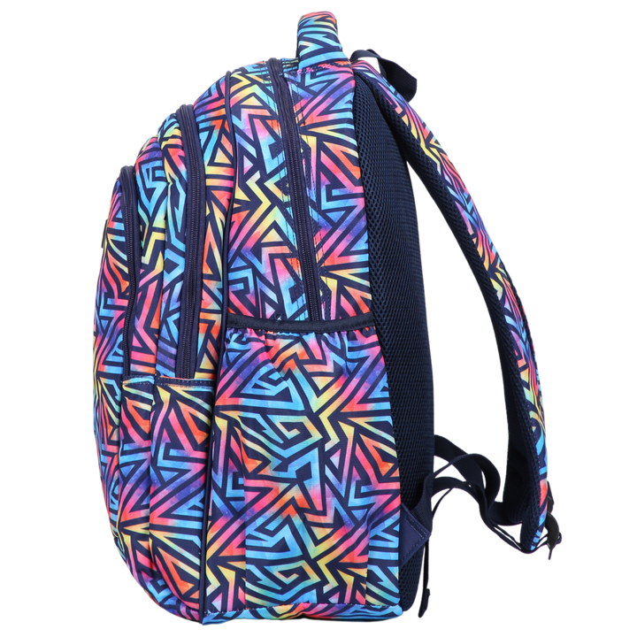 Side view of Abstract Geometric Large School Backpack Deep side pockets and multiple carry handles