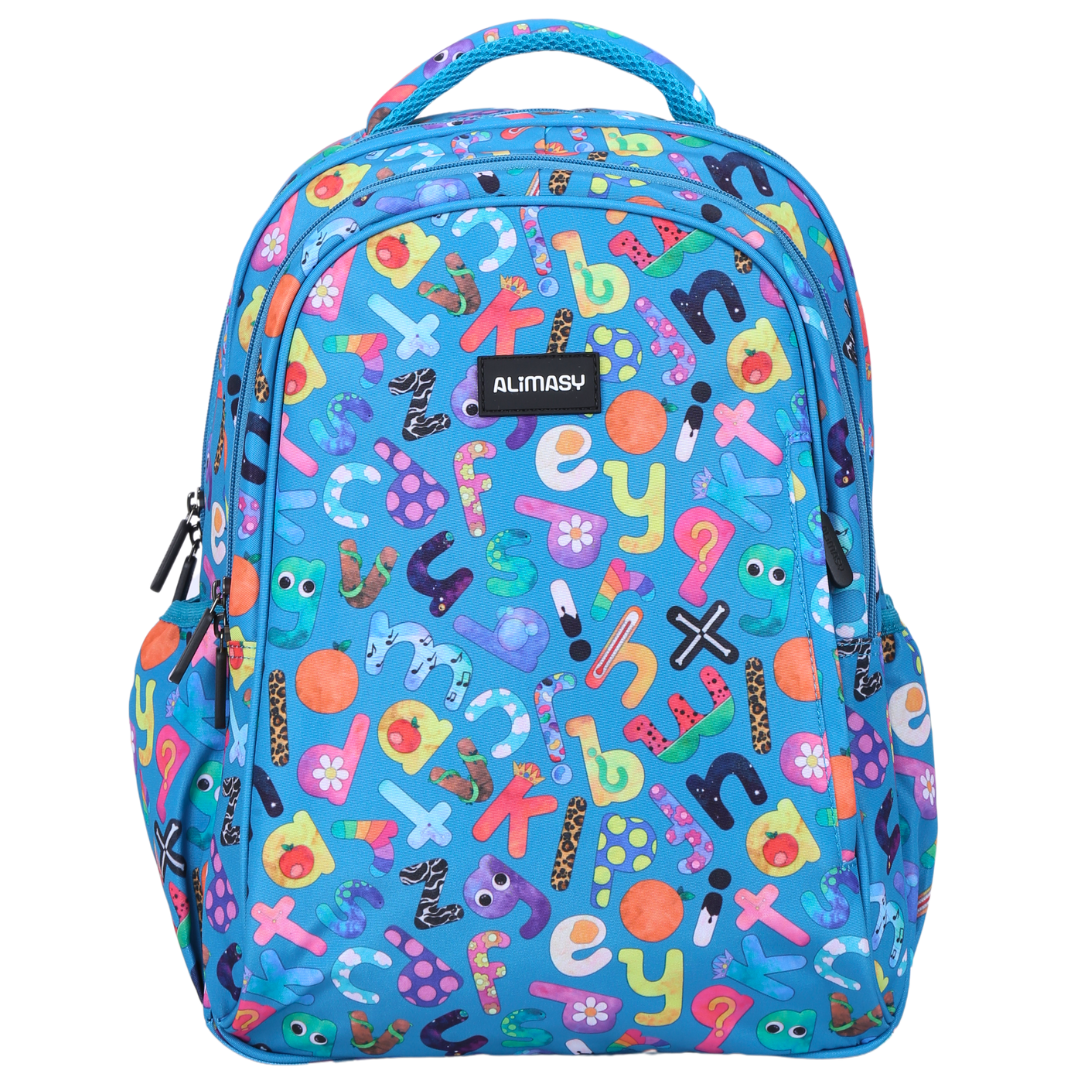 A midsize children's backpack with a blue base and a colorful pattern featuring letters, numbers, and various characters. The backpack has multiple compartments and adjustable straps.