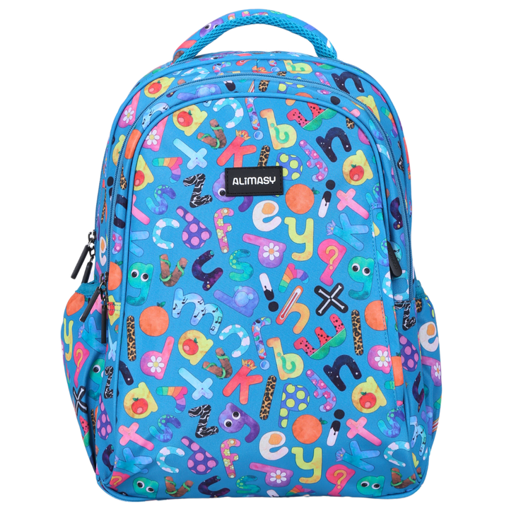 A midsize children's backpack with a blue base and a colorful pattern featuring letters, numbers, and various characters. The backpack has multiple compartments and adjustable straps.