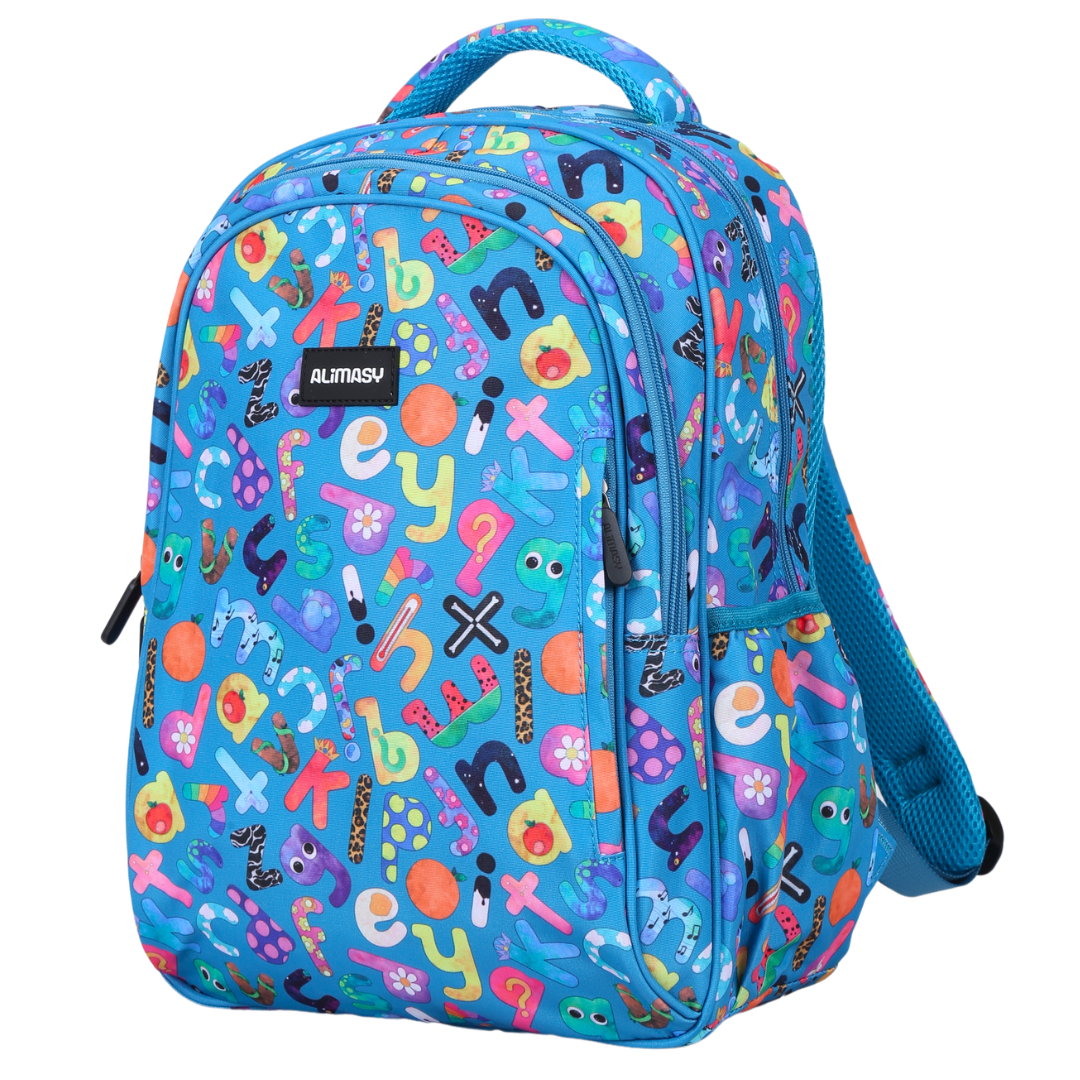 Alphabulous Midsize Kids Backpack front view lightweight waterproof preschool and primary school bag Australia NZ