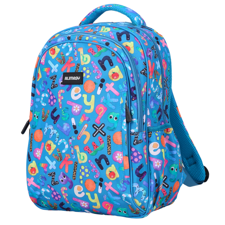 Alphabulous Midsize Kids Backpack front view lightweight waterproof preschool and primary school bag Australia NZ