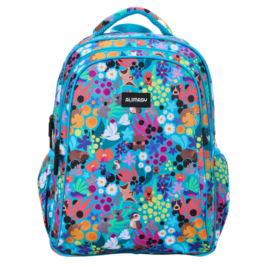 A colorful midsize kids backpack with Australian animal print, featuring multiple compartments and a carry handle.