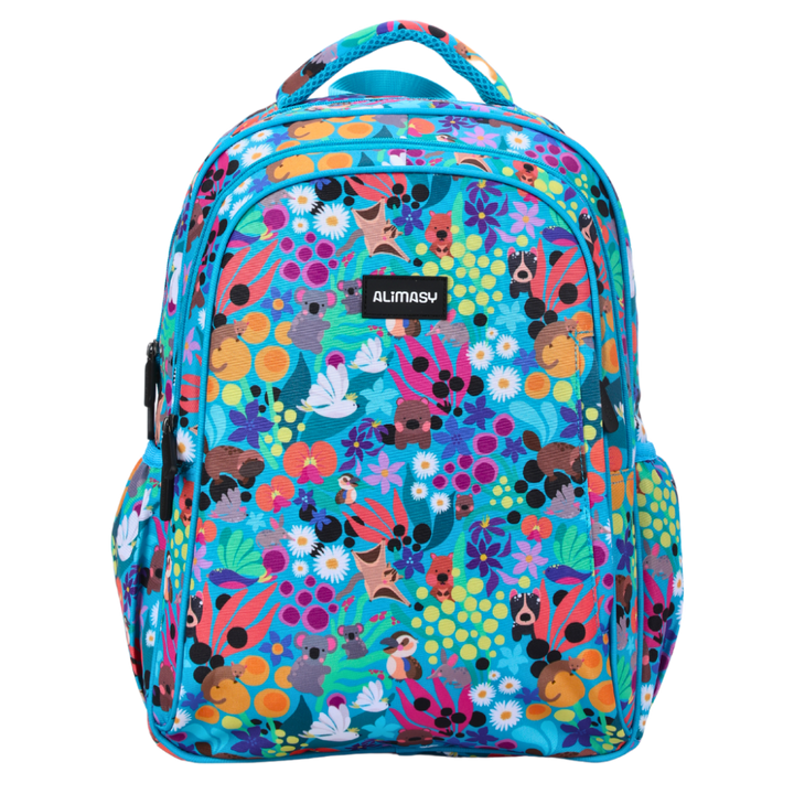A colorful midsize kids backpack with Australian animal print, featuring multiple compartments and a carry handle.