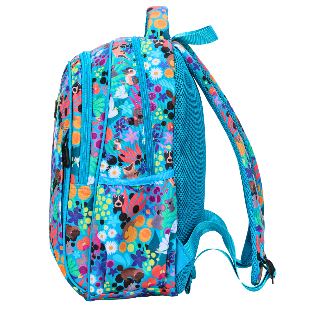 Australian Animals Midsize Kids Backpack side pocket elasticated for secure water bottle storage