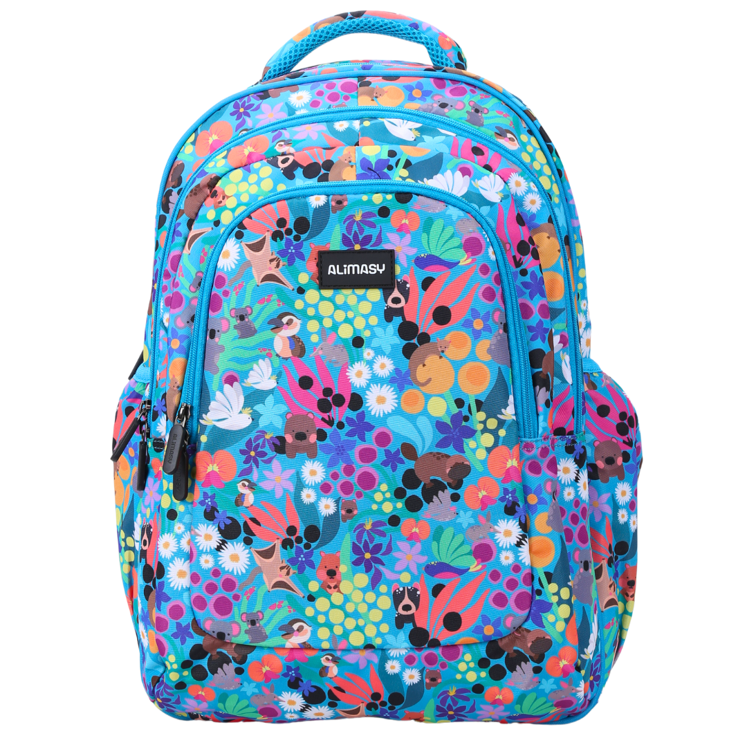 A large school backpack with a vibrant multicolored animal print and blue trim. The backpack features multiple compartments, side pockets, and is shown in an upright position.