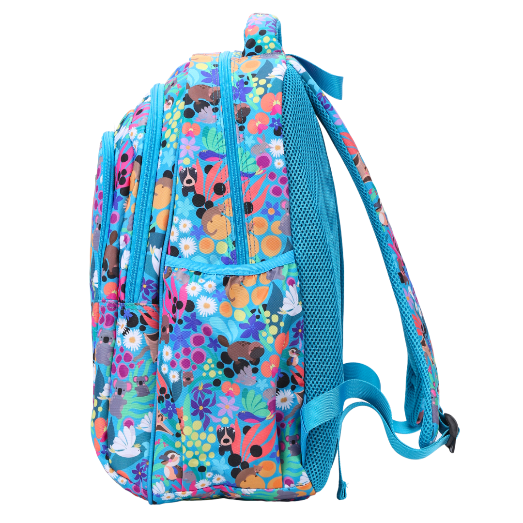 Side view of Australian Animals Large School Backpack Deep side pockets and multiple carry handles