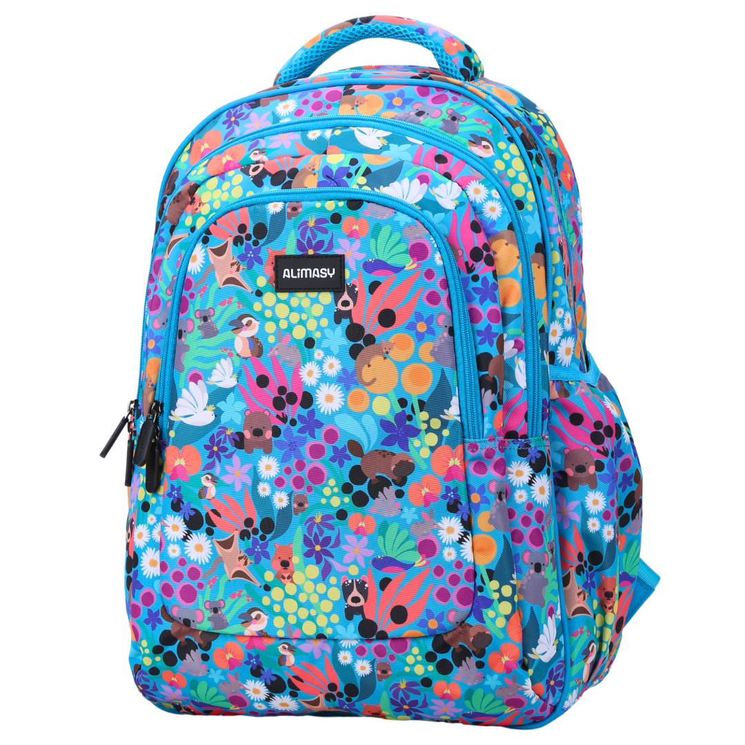 Angled view of Australian Animals Large School Backpack Lightweight yet strong with YKK zips