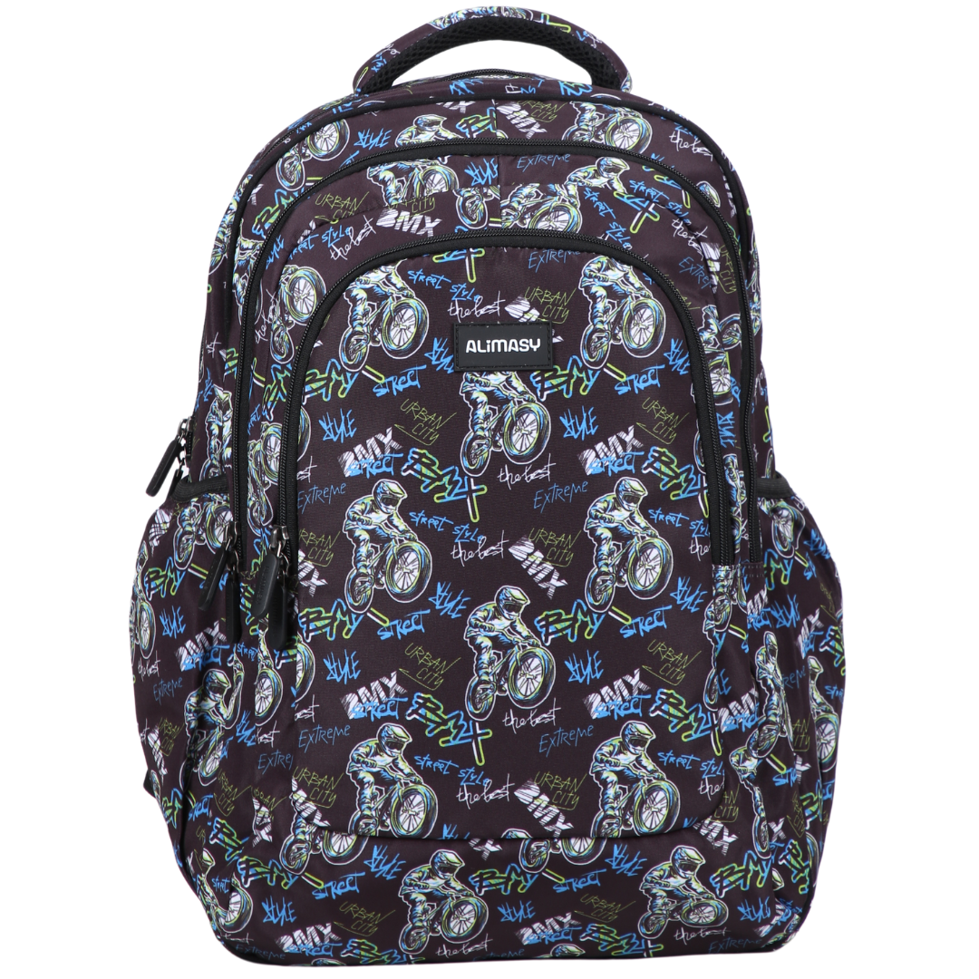 Front view of BMX Large School Backpack. Durable kids backpack with spacious compartments
