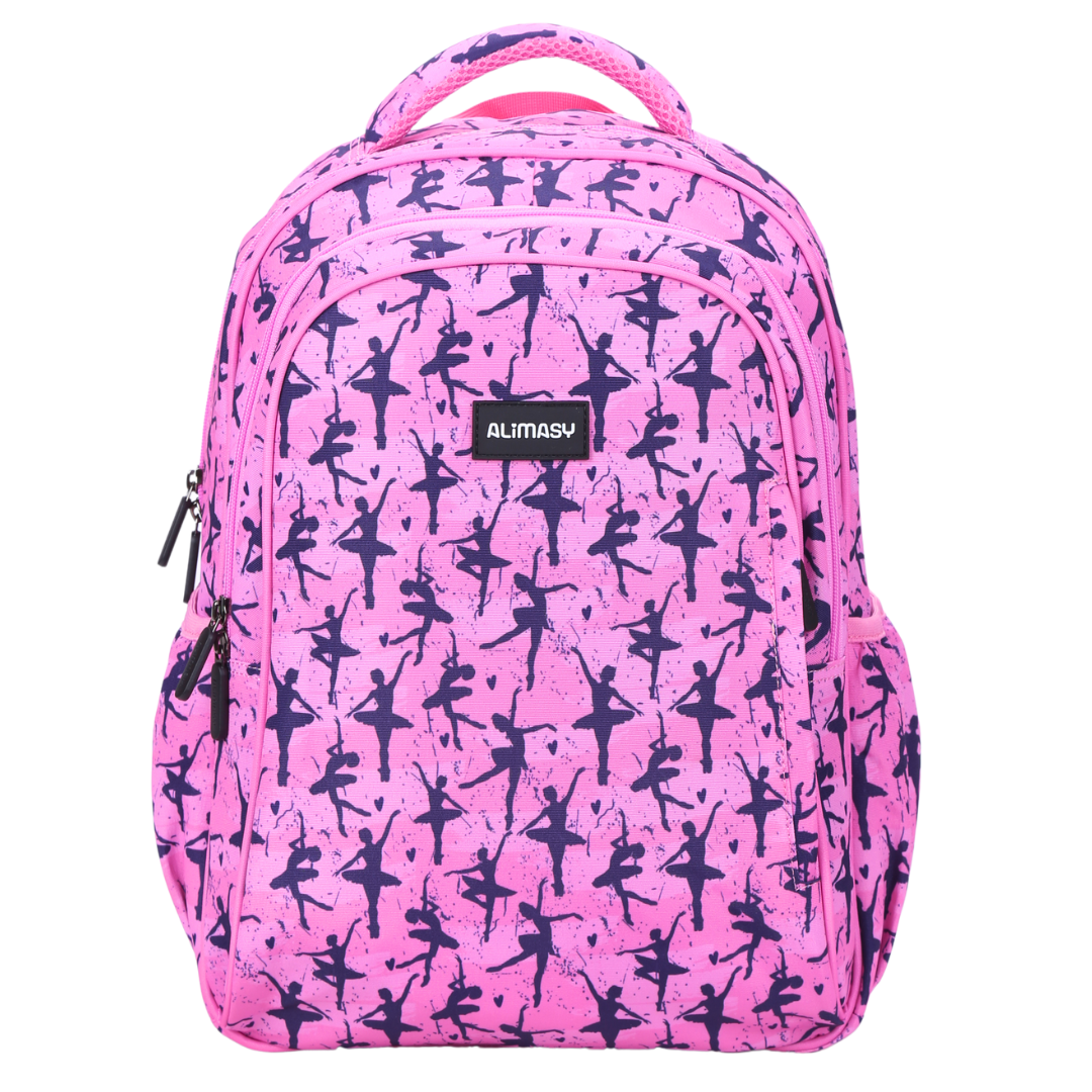 A midsize children's backpack with a ballet dance theme, featuring a pink background with navy blue ballet dancer silhouettes.