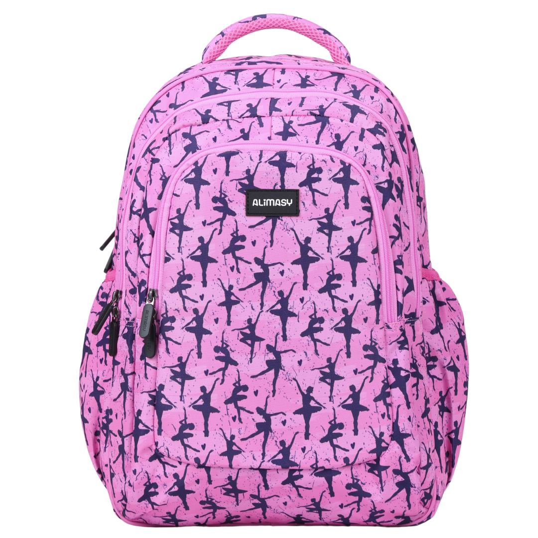 Front view of Pink Ballet Dance Large School Backpack Durable kids backpack with spacious compartments