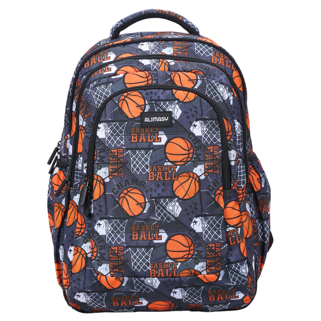 A backpack featuring a basketball print with multiple compartments and a padded shoulder strap.