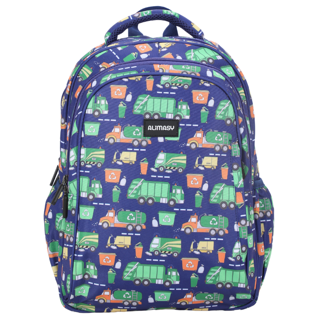 Children's backpack with a bin truck theme, featuring various vehicles in shades of blue, green, and orange on a dark background. The backpack includes multiple compartments and adjustable straps.