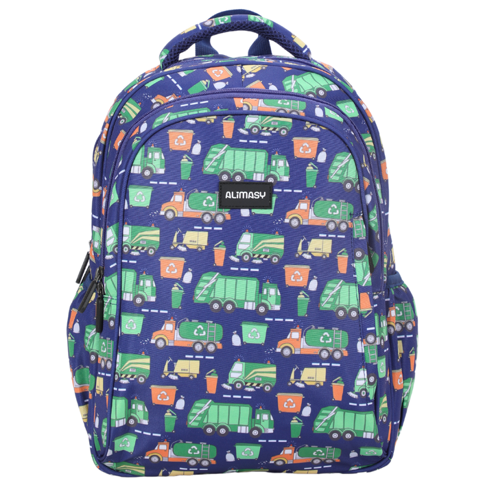Children's backpack with a bin truck theme, featuring various vehicles in shades of blue, green, and orange on a dark background. The backpack includes multiple compartments and adjustable straps.