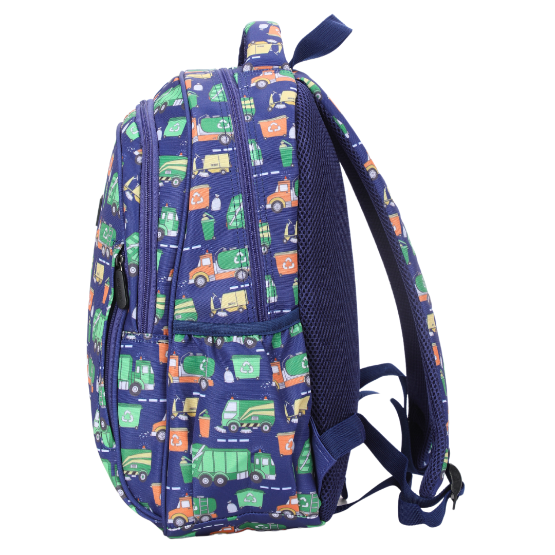 Bin Trucks Midsize Kids Backpack side pocket elasticated for secure water bottle storage