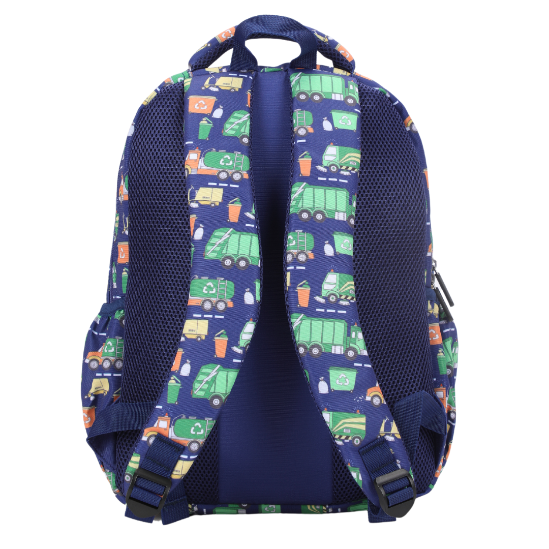 Bin Trucks Midsize Kids Backpack back view ergonomic padded straps and back, comfortable waterproof kids school bag