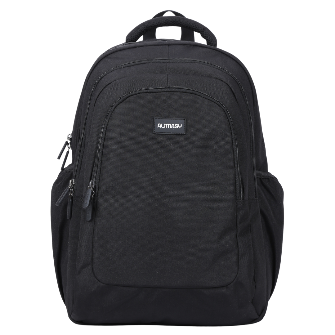 A black large backpack with multiple compartments, made from durable material, with the Alimasy brand name visible.
