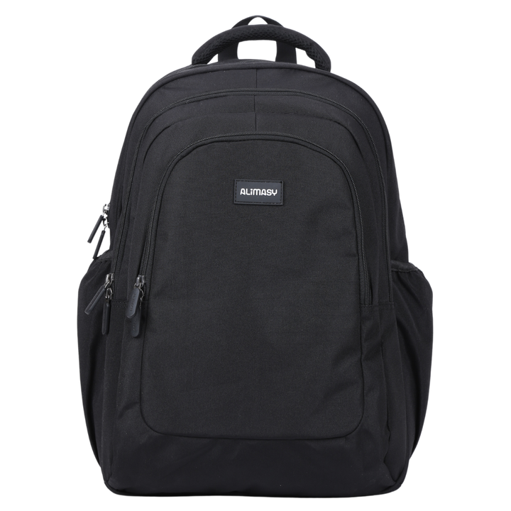 A black large backpack with multiple compartments, made from durable material, with the Alimasy brand name visible.