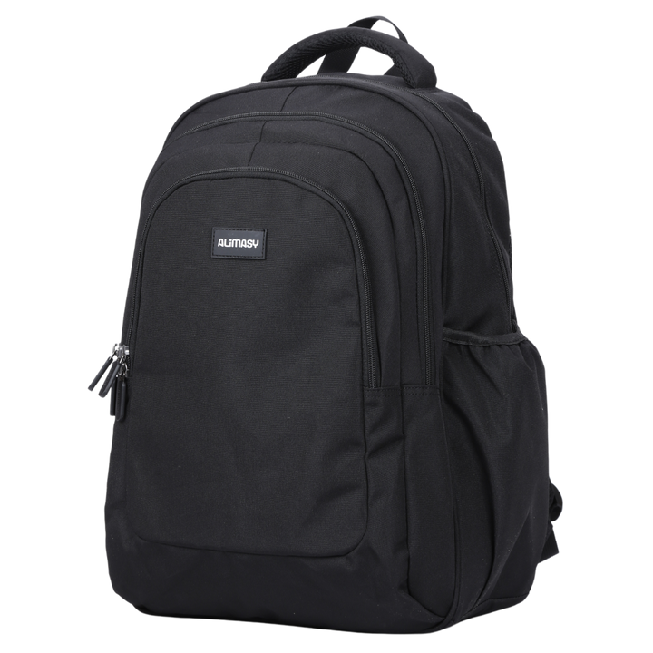 Angled view of Black Large Backpack Lightweight yet strong with YKK zips