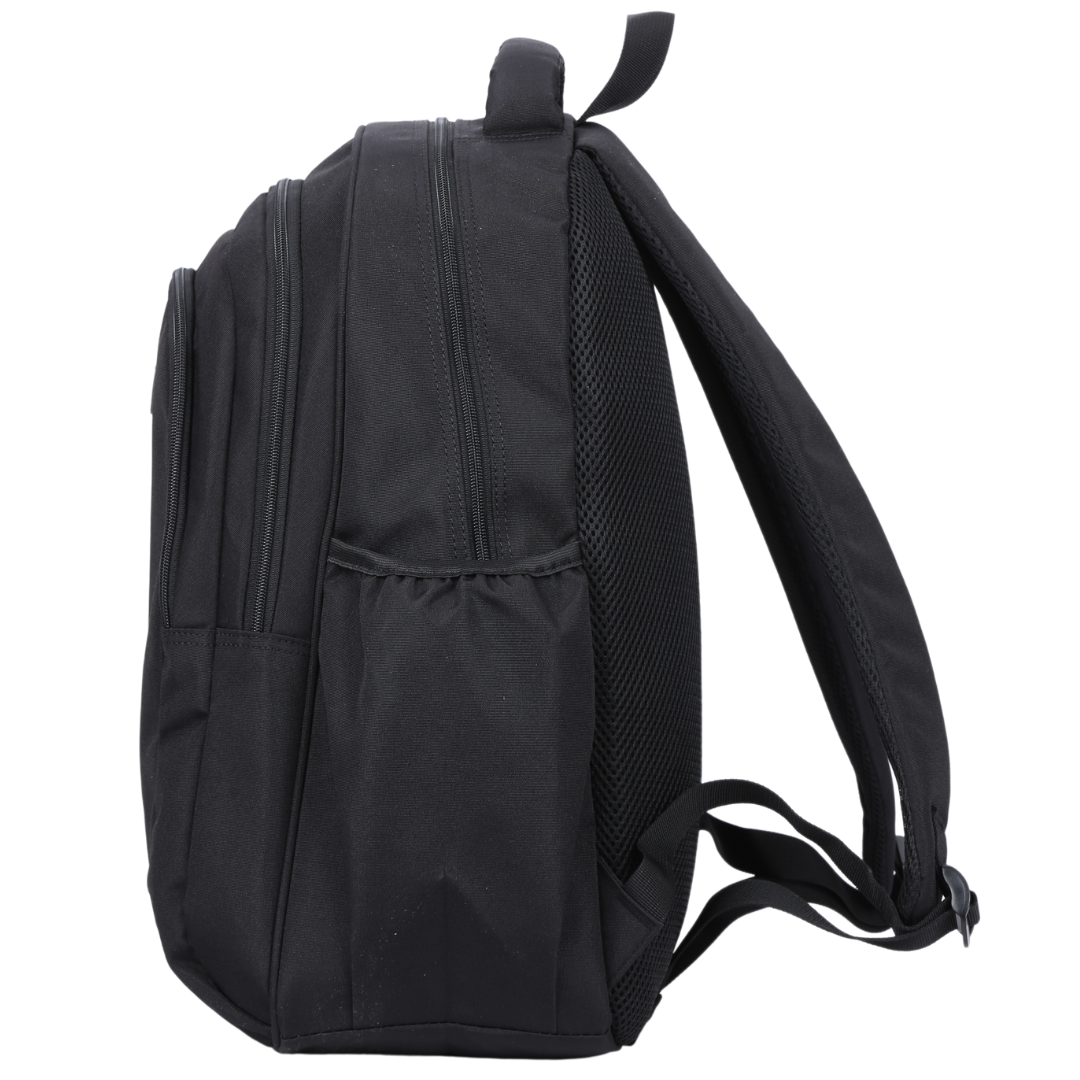 Side view of Black Large Backpack Deep side pockets and multiple carry handles