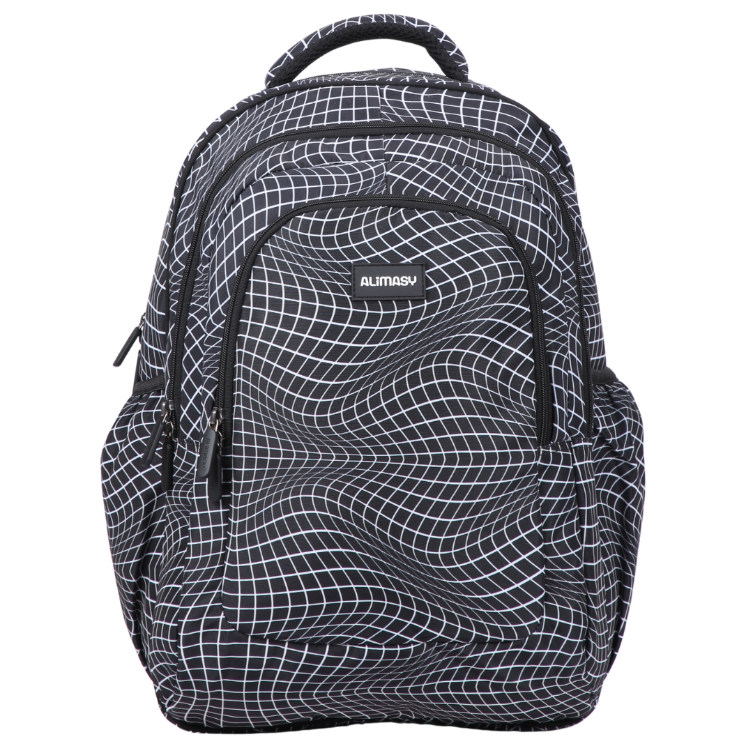 Front view of Black Grid Wave Large School Backpack Durable kids backpack with spacious compartments
