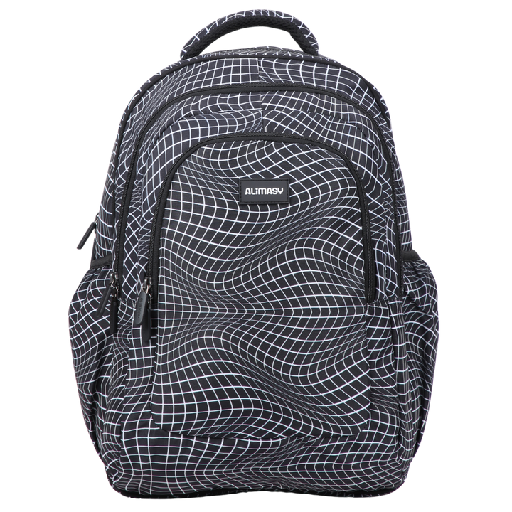 Front view of Black Grid Wave Large School Backpack Durable kids backpack with spacious compartments