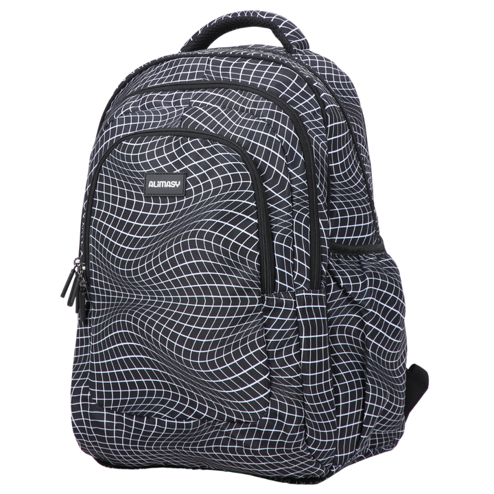 Angled view of Black Grid Wave Large School Backpack Lightweight yet strong with YKK zips