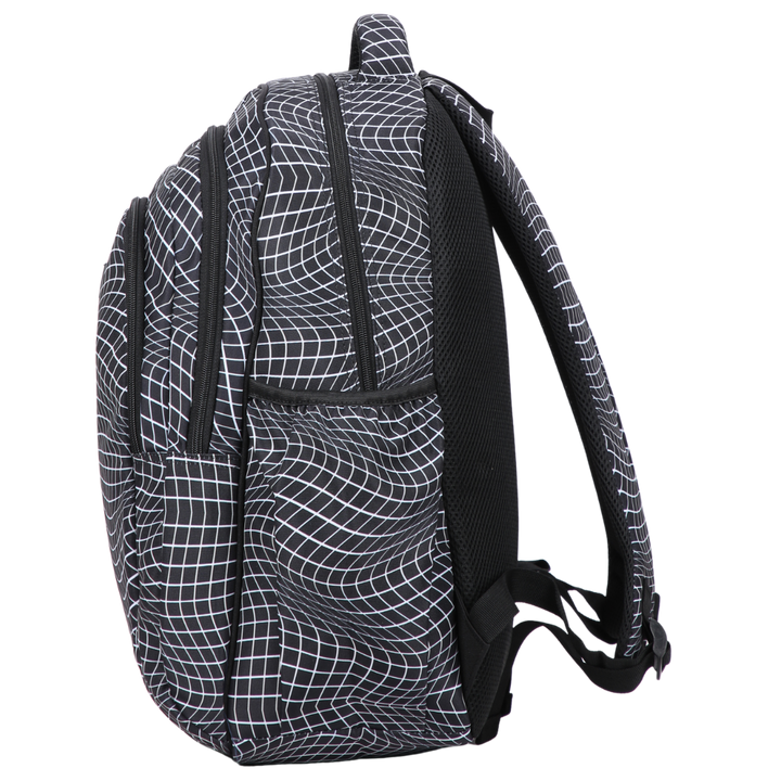 Side view of Black Grid Wave Large School Backpack Deep side pockets and multiple carry handles