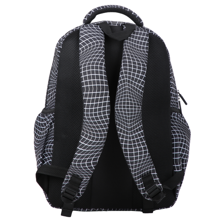 Back view of Black Grid Wave Large School Backpack Padded straps and breathable cushions for comfort