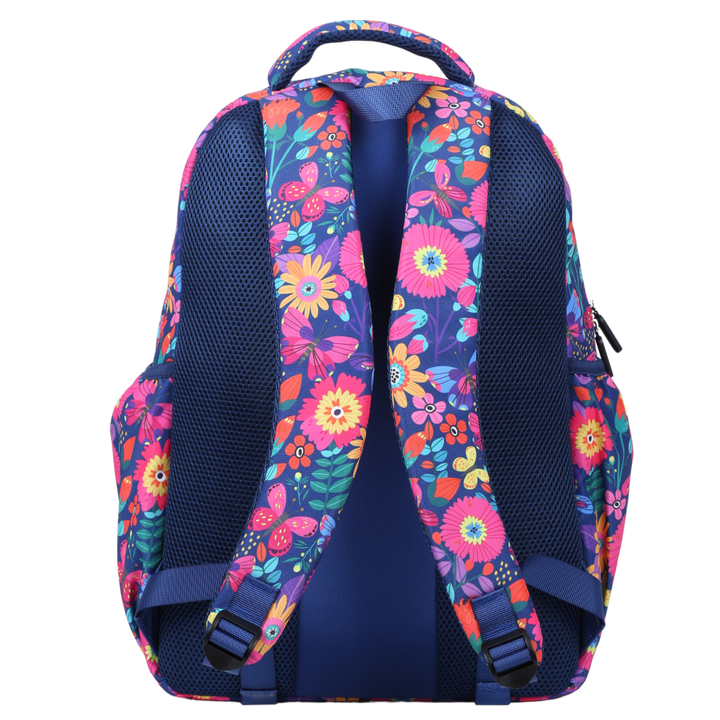 Back view of Blooms & Butterflies Large School Backpack Padded straps and breathable cushions for comfort