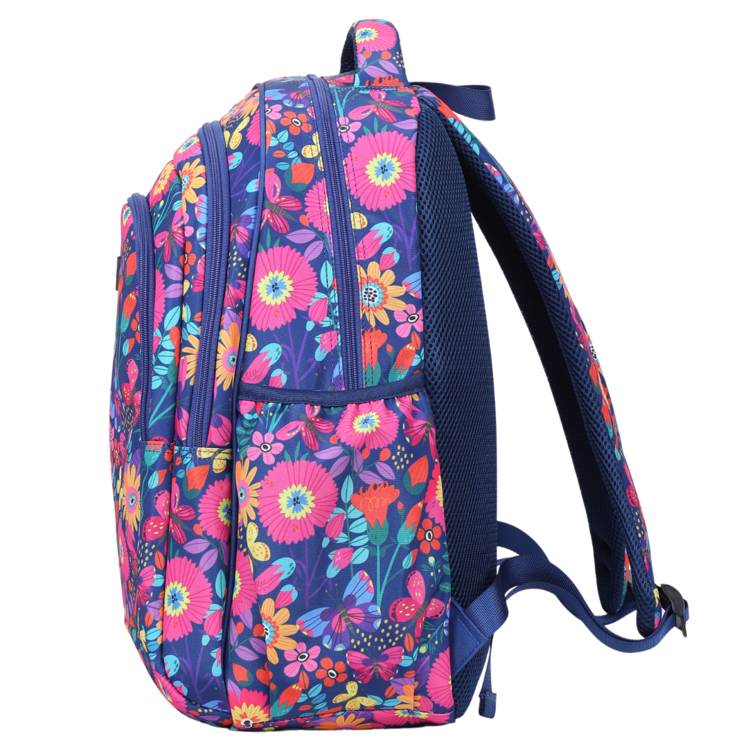 Side view of Blooms & Butterflies Large School Backpack Deep side pockets and multiple carry handles