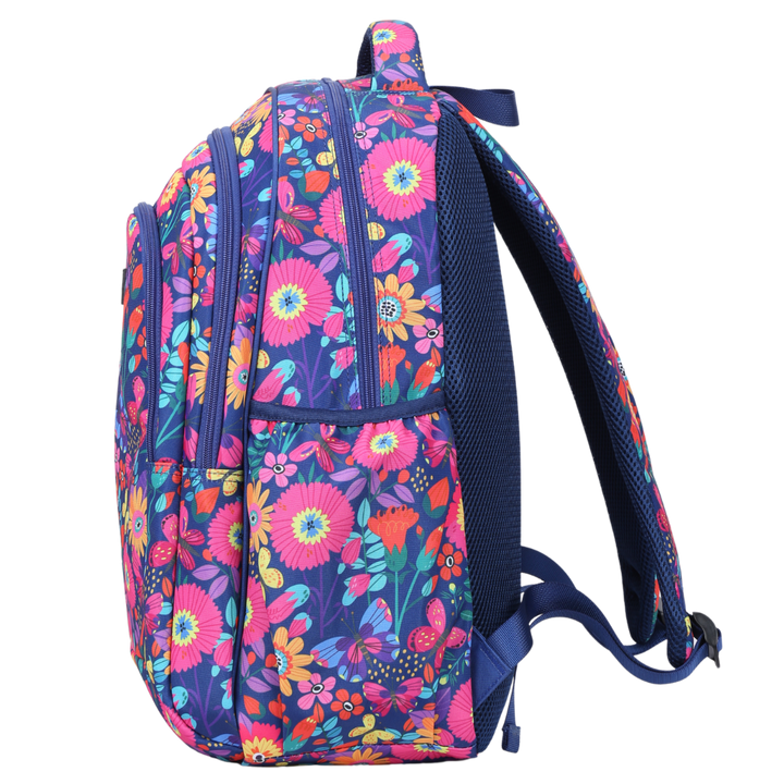 Side view of Blooms & Butterflies Large School Backpack Deep side pockets and multiple carry handles