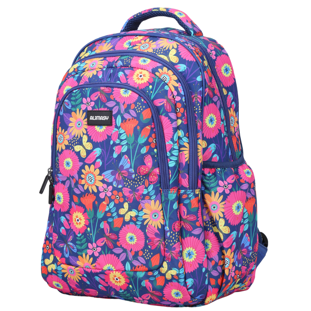 A large school backpack with a floral pattern in shades of pink, blue, and yellow, featuring multiple compartments and adjustable straps.