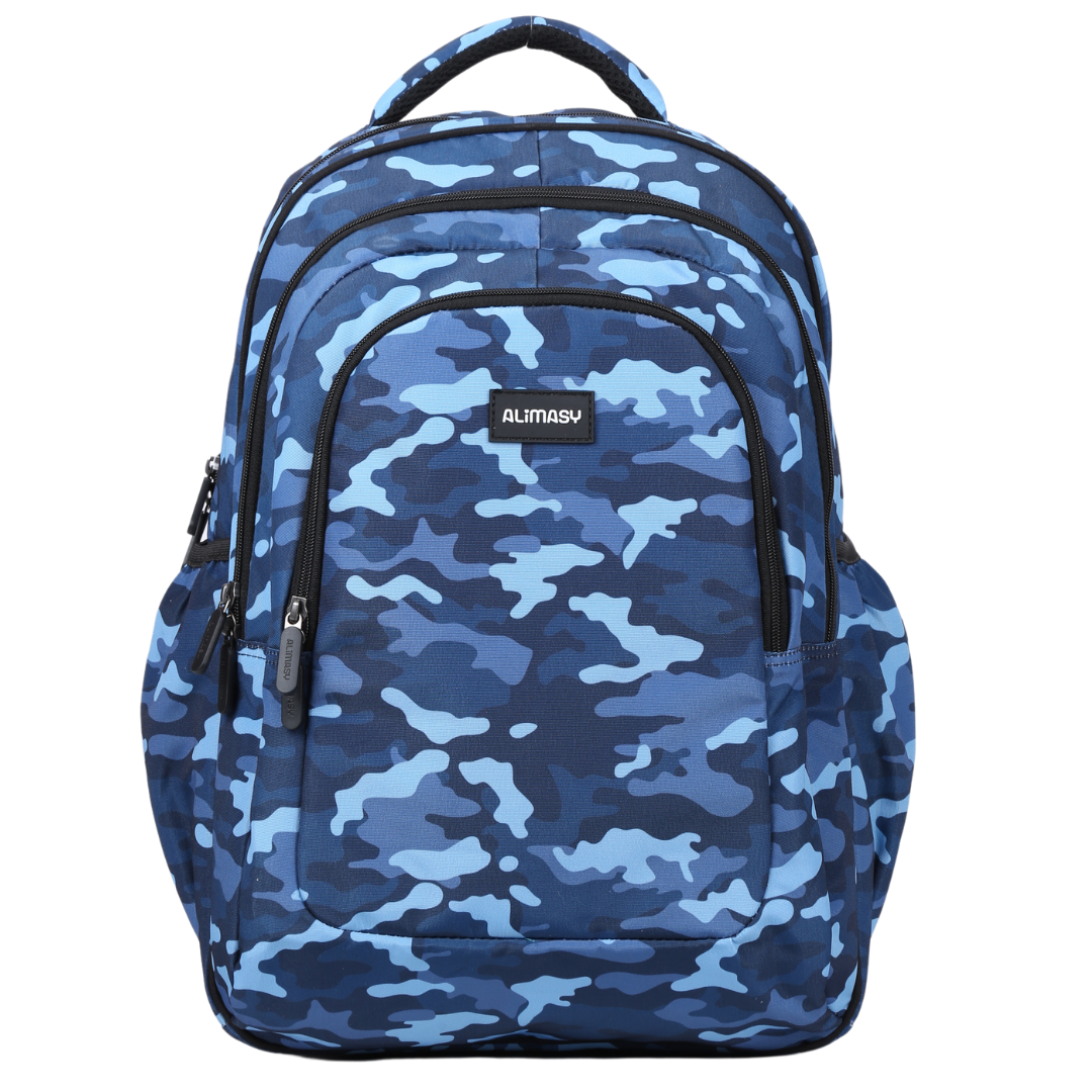 A large blue camouflage backpack with multiple compartments, shown from the front with the Alimasy brand name visible.
