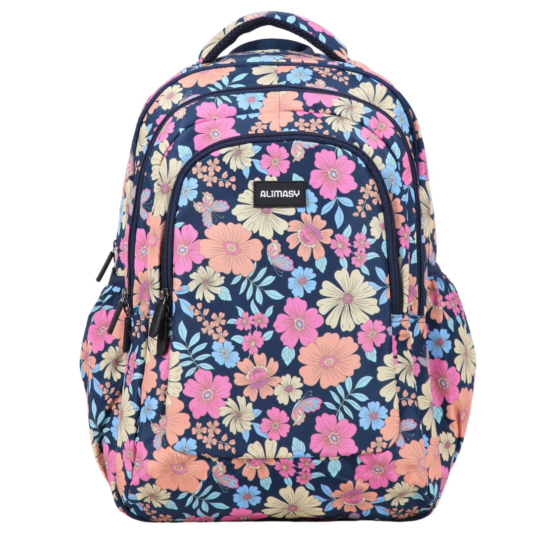Floral patterned backpack with 'ALIMASY' branding on a white background