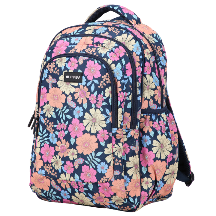 Floral patterned backpack on a white background
