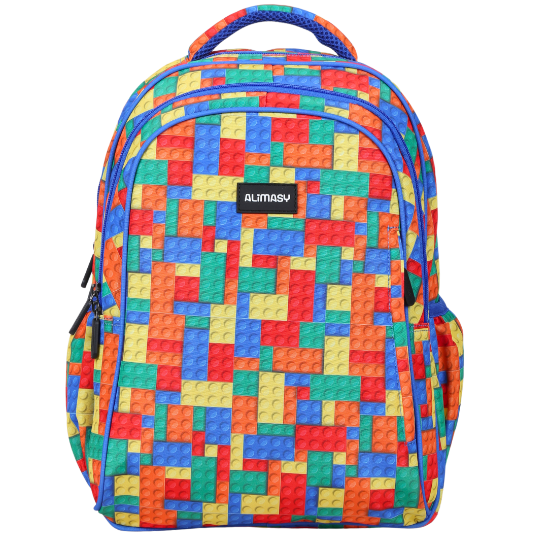 Bricks Colourful Midsize Kids Backpack front view lightweight waterproof preschool and primary school bag Australia NZ