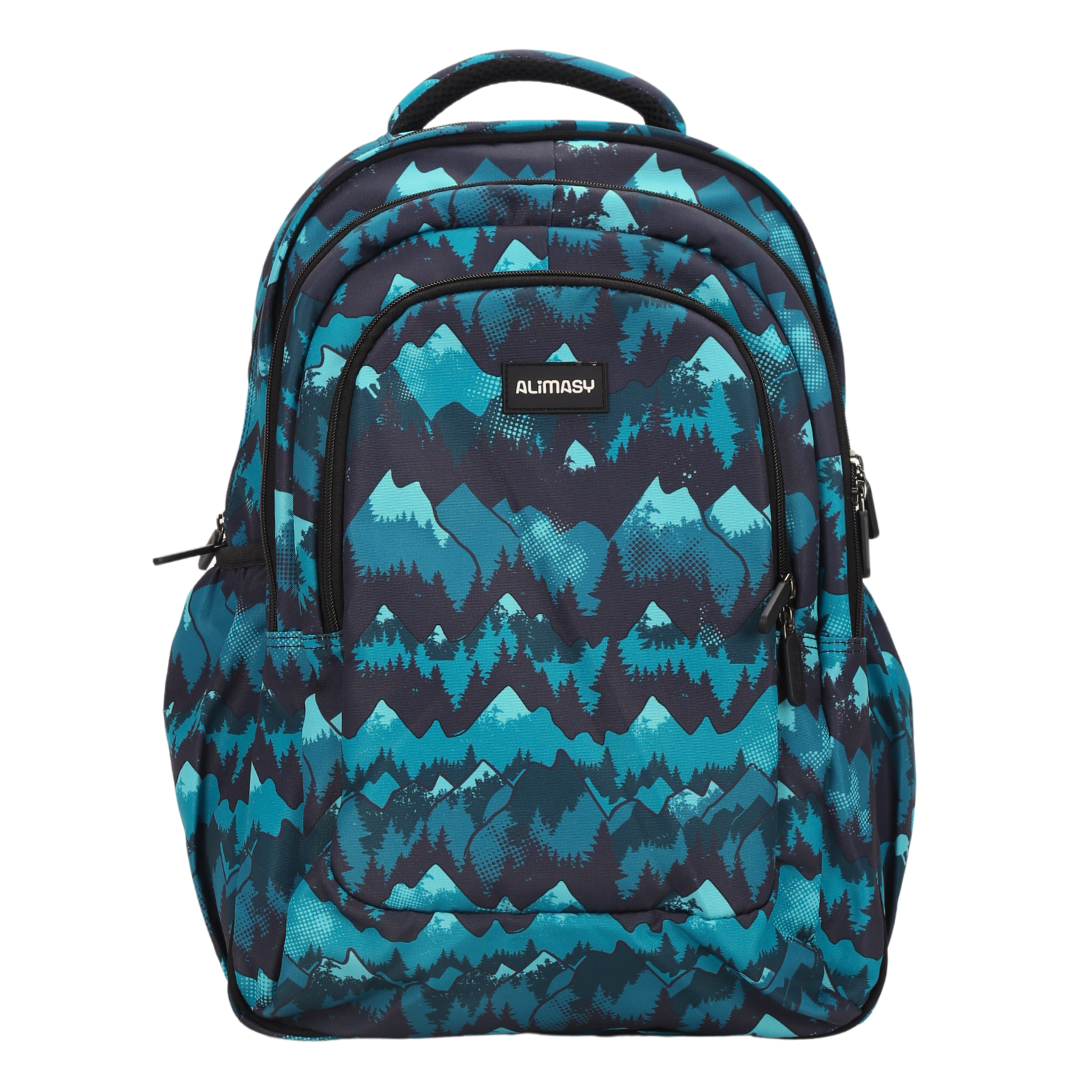 A large school backpack with a green, black and gray camouflage mountain pattern.