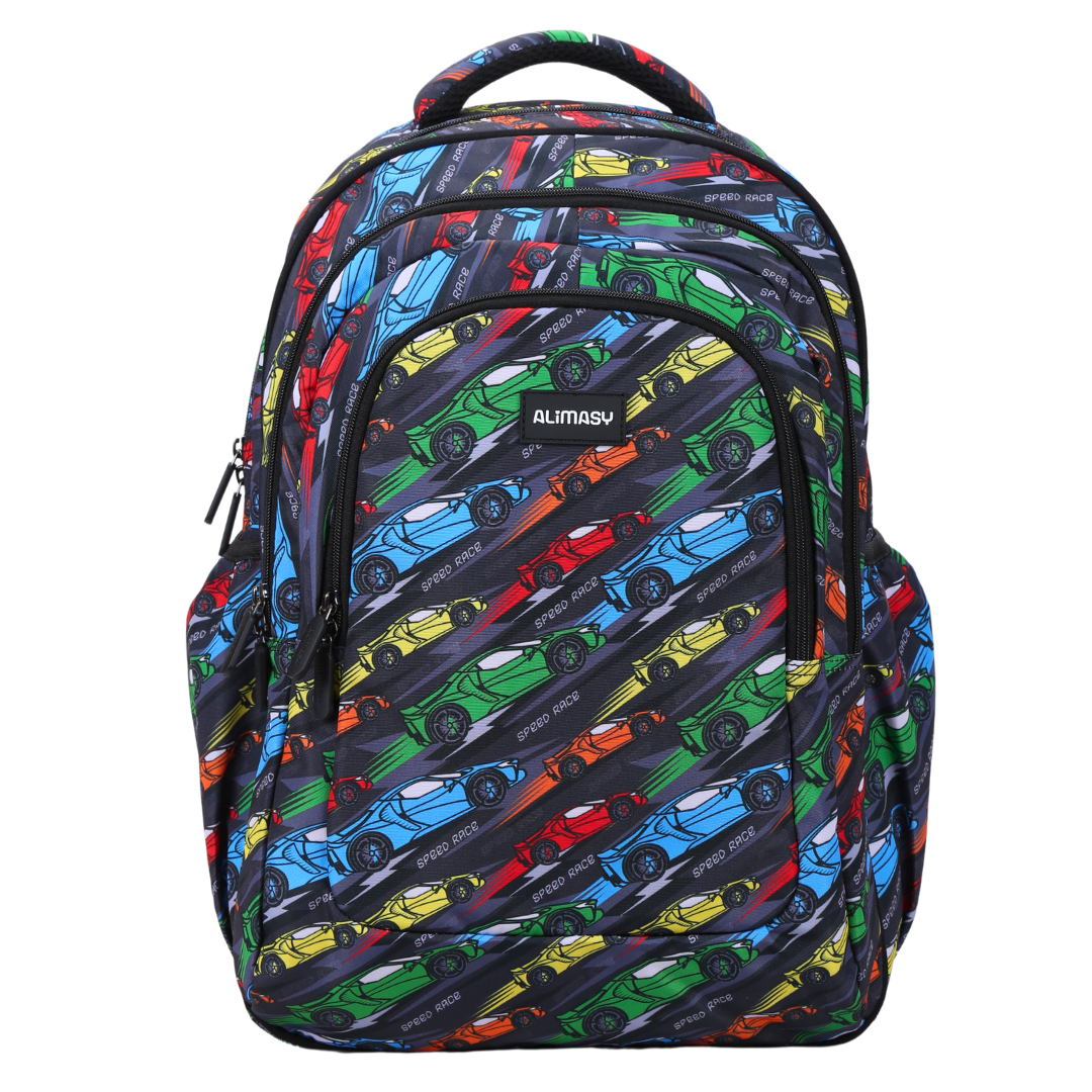 A large grey school backpack with a multicolored racing car print.