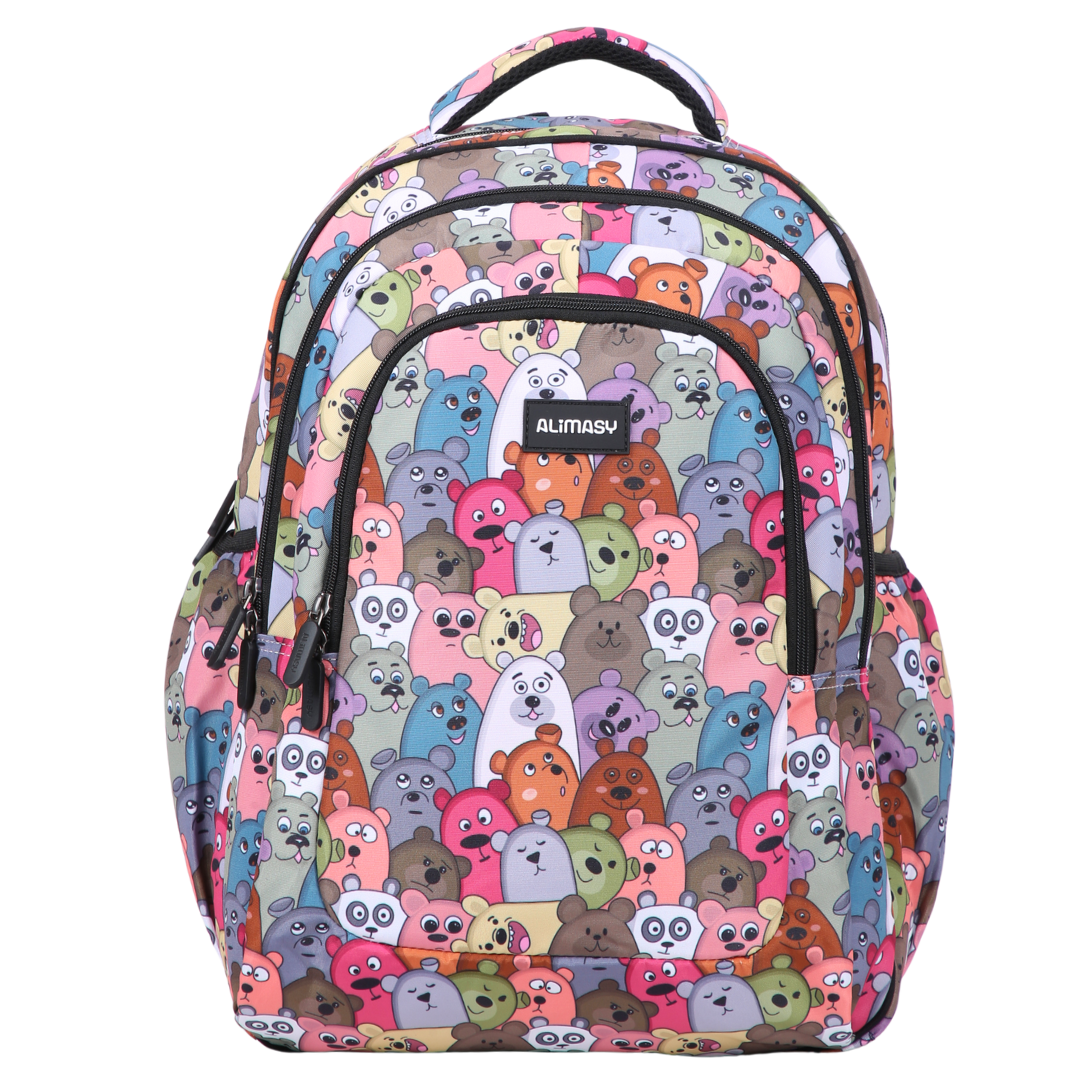 Front view of Cartoon Bears colourful pattern Large School Backpack Durable kids backpack with spacious compartments