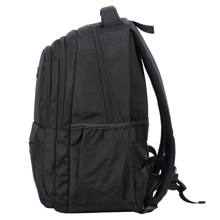 black backpack side view with elasticated side pocket for water bottle