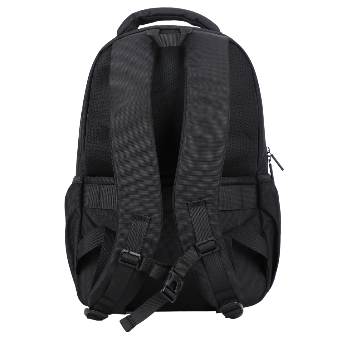 Black backpack back view with padded adjustable shoulder straps and zipped security pocket