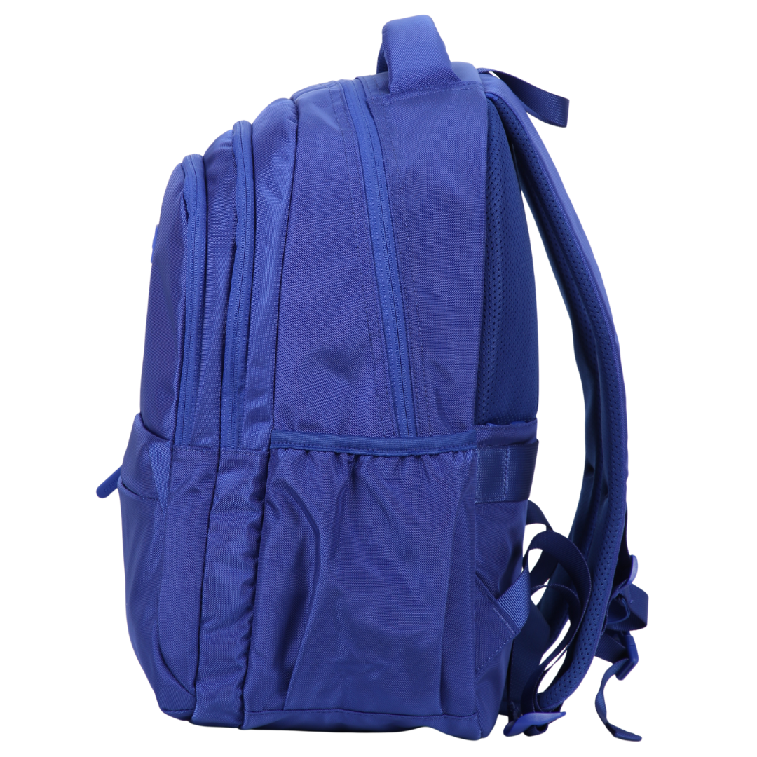 Side view of blue 900d backpack with elasticated side pocket and chest strap and padded ergonomic shoulder straps