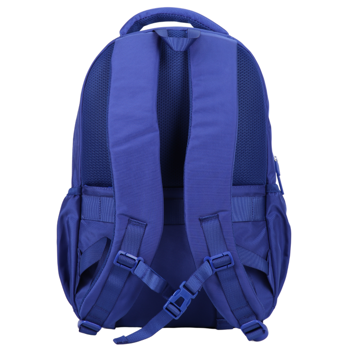 blue backpack shown from the back with adjustable chest strap and luggage strap