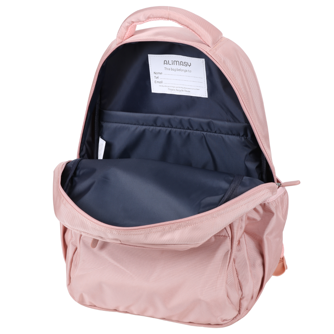 Pink backpack with open front compartment with name label and padded laptop sleeve
